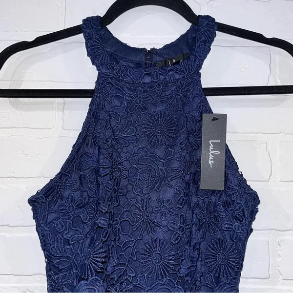 NEW Lulus Love Poem Navy Blue Lace Bodycon Halter Dress - Image 13