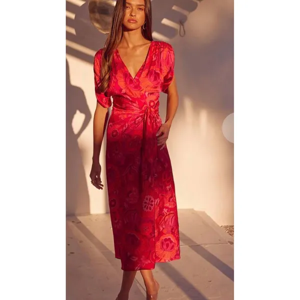 MISA Los Angeles Psychedelic Floral Wrap Maxi Dress Pink Red Orange V-Neck Boho - Image 2