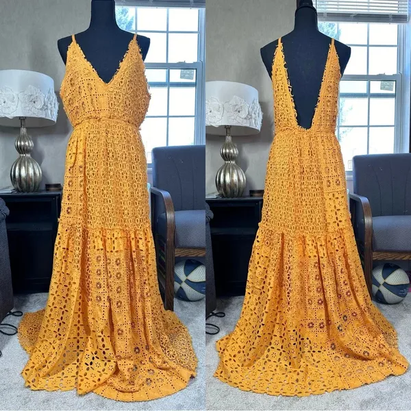 BHLDN x Free People Robinne Crochet Lace Maxi Dress Boho Yellow Orange Size M - Image 5