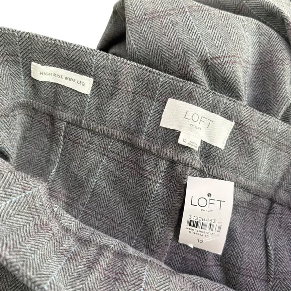 Loft High Rise Wide Leg Gray‎ Sailor Plaid Pants Womens 12 Academia Preppy Office NEW - Image 2