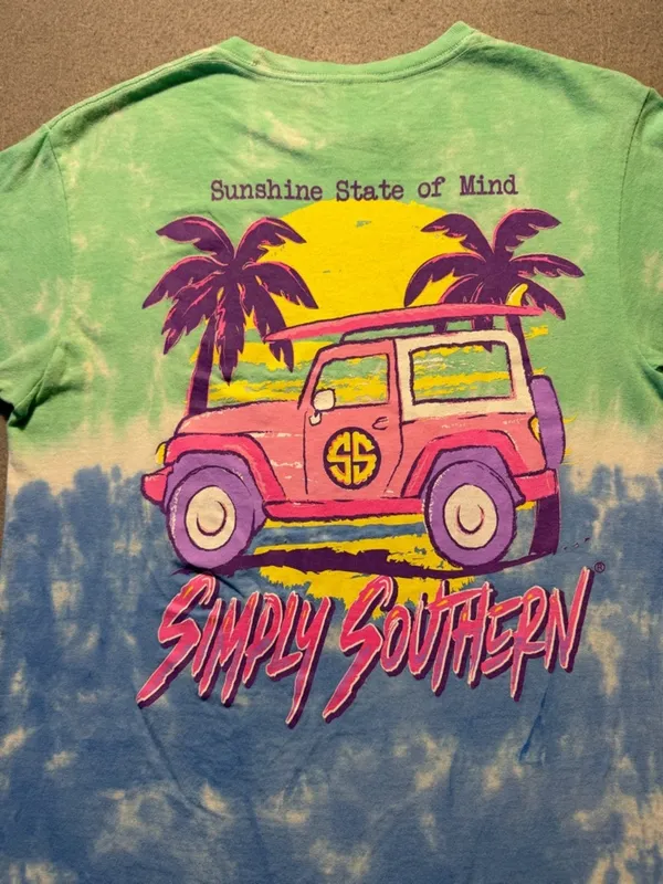Simply Southern Blue Green Tie‑Dye Tee Small “Sunshine State of Mind” Jeep - Image 4