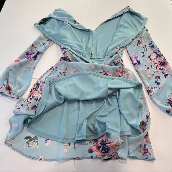 Lulus Always Yours Light Blue Floral Print Long Sleeve‎ Skater Dress SMALL - Image 7