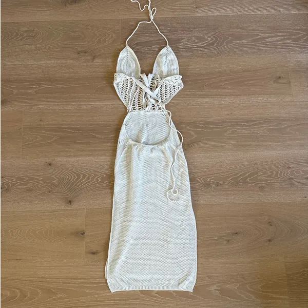 White Fox Midi Dress Crochet Halter Cut Outs Size S/M Beige - Image 5