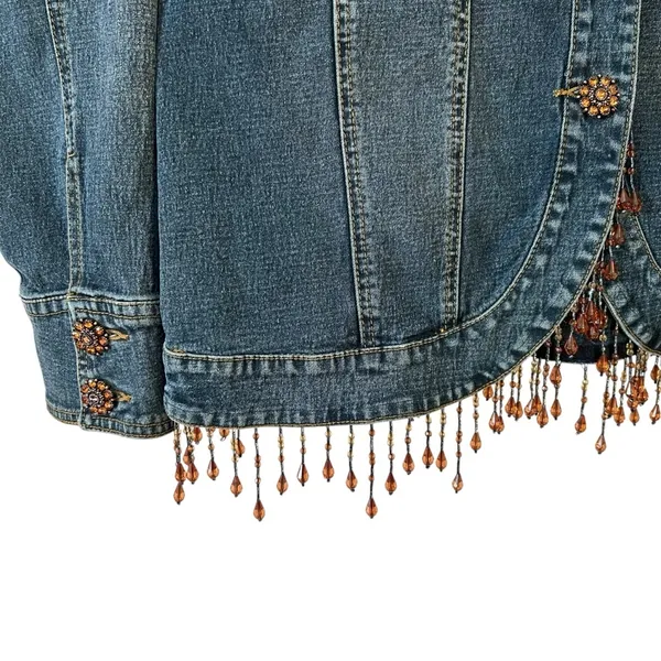 Diane Gilman Women’s Denim‎ Funky Boho Jacket Rhinestone Buttons Beaded Fringe - Image 4
