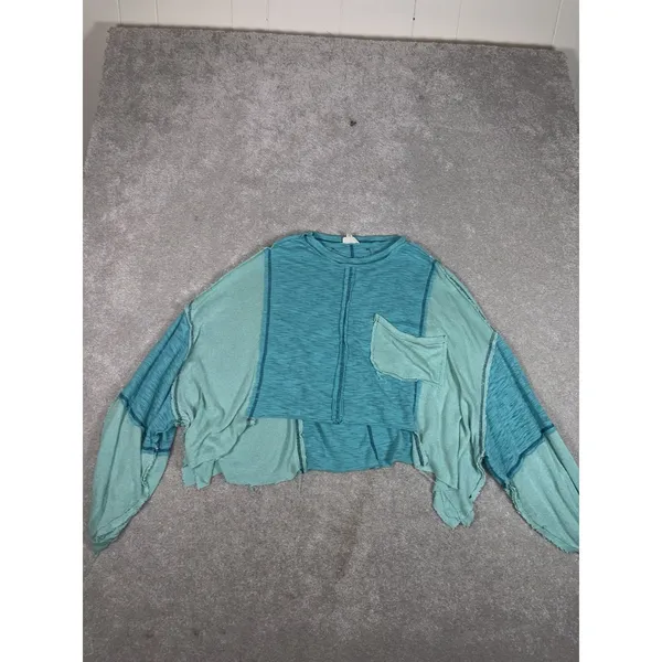 Pol Cropped Boxy Raw Edge Top Womens Blue Contrast Stitch Relaxed‎ Small - Image 3