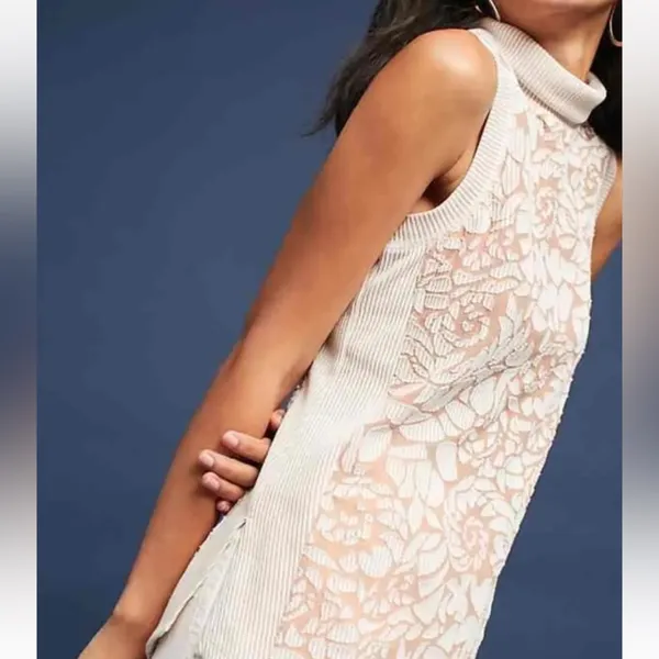 ANTHROPOLOGIE MEADOW RUE IVORY BLUSH SLEEVELESS TURTLENECK RIBBED TOP Sz S m - Image 3