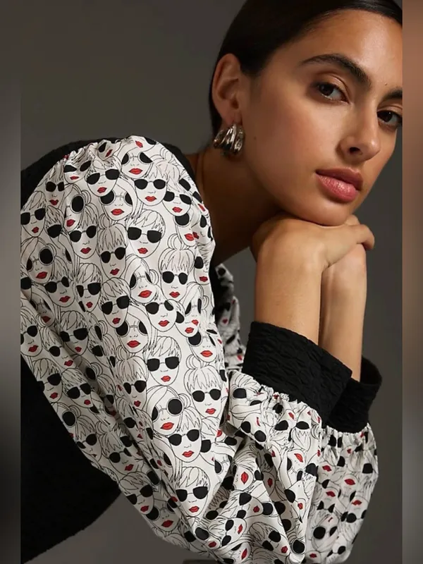 Anthropologie Porridge Textured Sweatshirt size Large black white pop art print - Image 10
