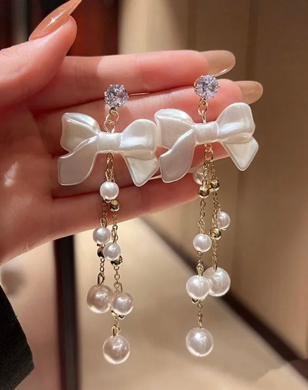Elegant Bow White Pearl Dangle Drop Earrings for Women - Image 2