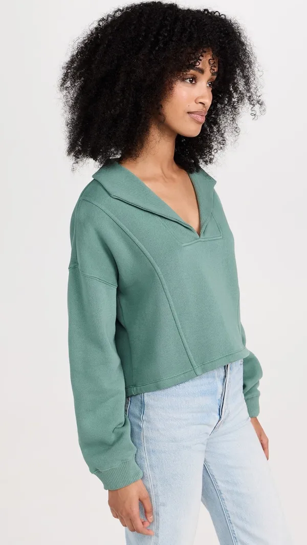 Z Supply Soho Fleece Cropped Relaxed Fit Collared Sweatshirt Calypso Green - Image 3