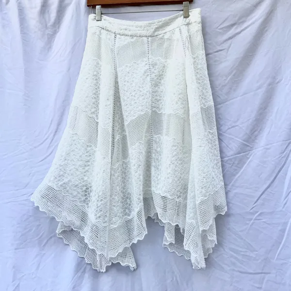 Vintage | Mid-Rise Lace Crochet Asymmetrical Midi Skirt In White Size Large - Image 2