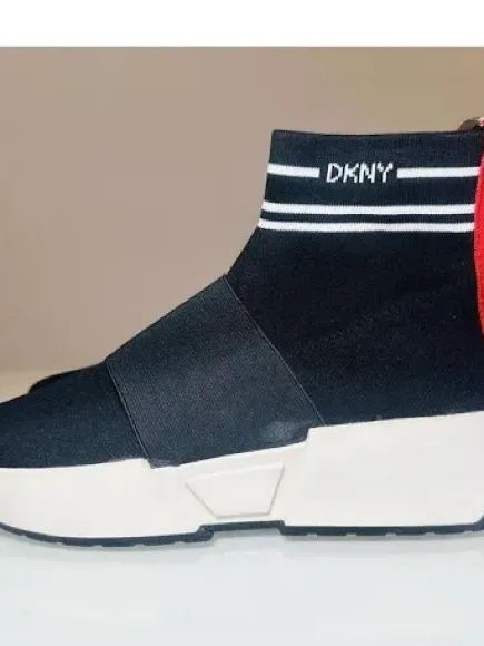 DKNY women Black Knit High-Top Sneakers with Red Heel Zip platform sneakers US 9 - Image 4