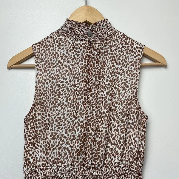 1.State‎ Animal Print Chiffon Smocked Mock Neck Dress in Brown Taupe - Image 8
