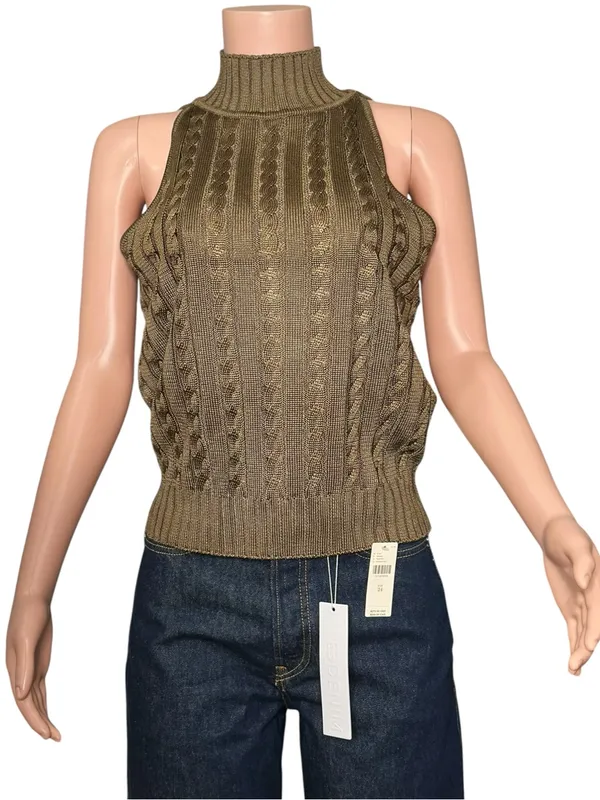 LILYSILK Classic High-Neck Cable-Knit Sleeveless Silk Top, Pine, Large - Image 3