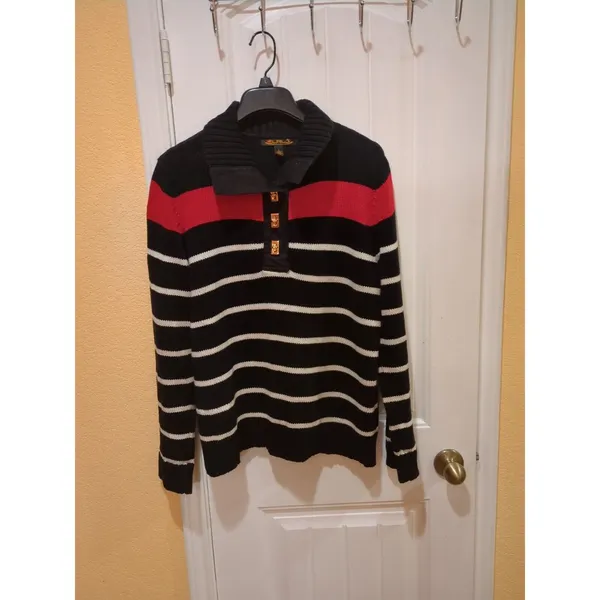 Ralph Lauren LRL Shawl Collar Sweater L Nautical Cotton Black Red Gold Buttons - Image 3