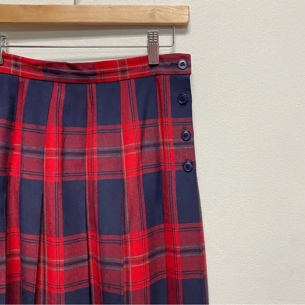 Vintage Talbots Tartan Pleated Midi Skirt Women Sz 10 P Blue Red Y2K Linen Blend - Image 4