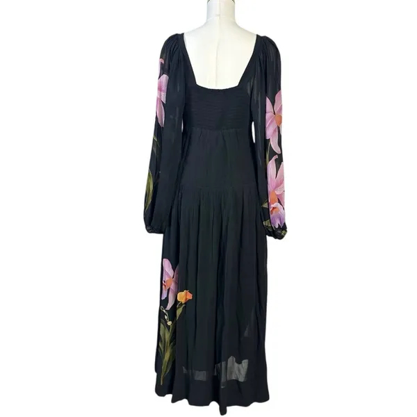 FARM Rio Embroidered Goddess Orchid Floral Long Sleeve Midi Dress Black Small - Image 8