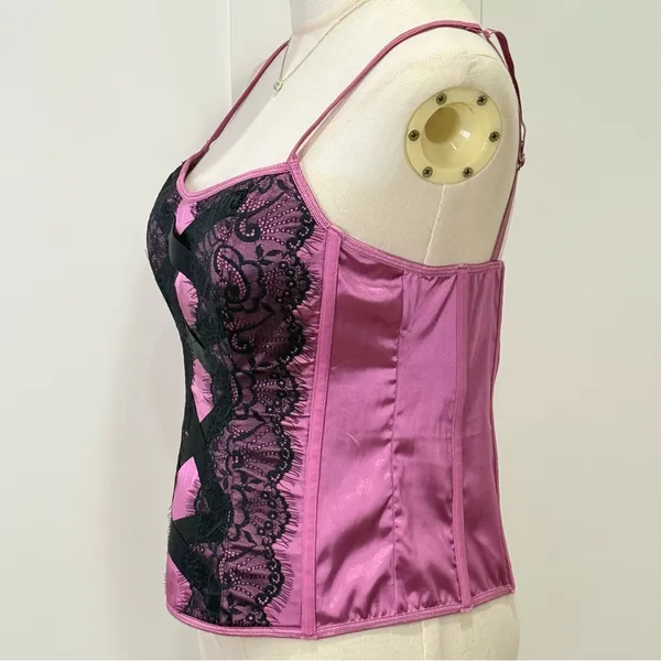 Vintage Victoria’s Secret Y2K Lace Corset Tank Top Large Pink Satin Goth Sexy - Image 4