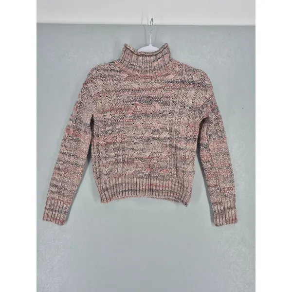 GAP Womens Sweater Pink‎ Gray Marled Cable Knit Mock Neck Wool Blend XS - Image 2