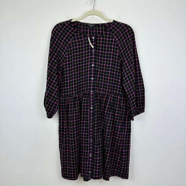Madewell Plaid Flannel Shirt Dress Raglan Button Front Casual Oversized US 0 NWT - Image 5