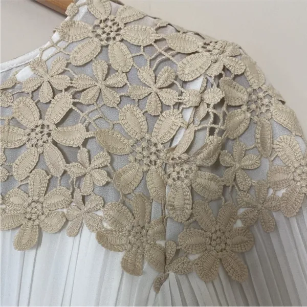 Lulus Westwind White Lace Pleated Tiered Chiffon Dress Crocheted Floral Top Sz L - Image 9