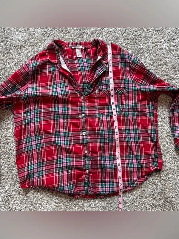 Victoria's Secret Red Pink Green Plaid Flannel Pajama Set Women’s Size Large - Image 10