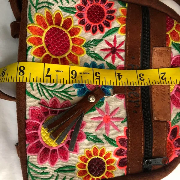 Mexican Mini brown floral suede embroidered floral backpack - Image 4