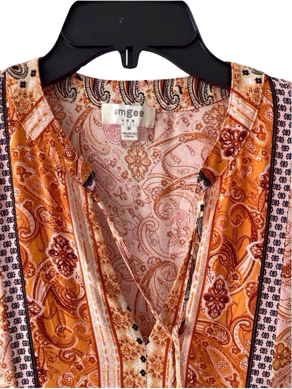 Umgee Boho Paisley Maxi Dress Long Sleeve Tassel Tie V-Neck Size M - Image 2