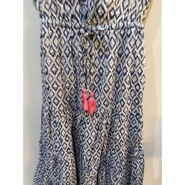 Mer St Barth Giselle Women's Maxi‎ Dress Navy Ikat Sundress Size Small Tassels - Image 5