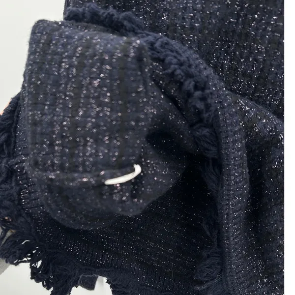 MNG Women Navy Blue‎ Metallic Tweed Knit Fringe Sweater Pullover Top Size Large - Image 9