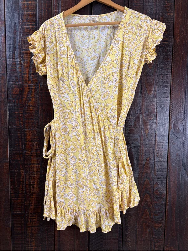 Billabong Yellow Floral Wrap Ruffle Dress Small - Image 2
