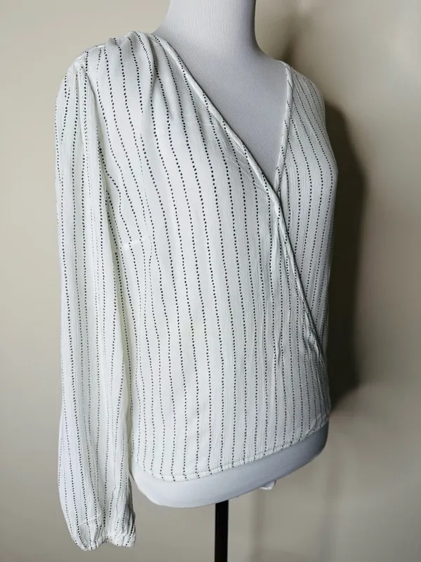 Abercrombie White and Black Striped Wrap Front Bodysuit - Image 3