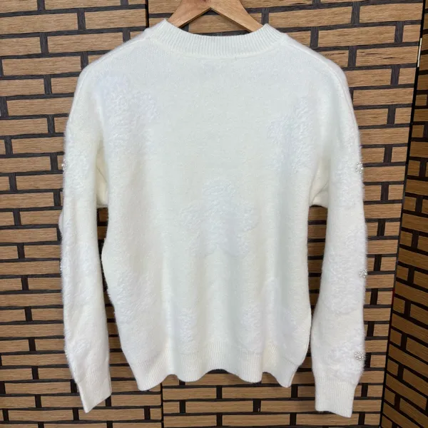 Nanette Lepore Cream‎ Flower Embellished Pre-Washed Yarn Sweater Size Small - Image 2