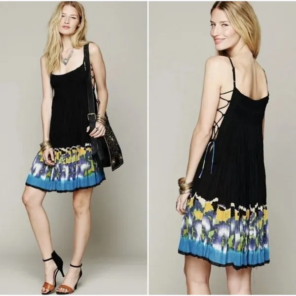 Free People One Black Imperial Palm‎ Pintuck Printed Boho Dress Size S Festival - Image 2