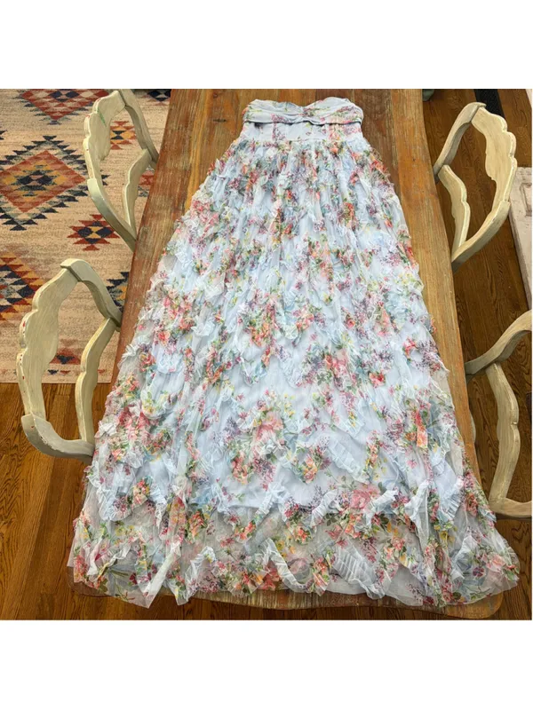 DressAlisa Light Blue Floral Mesh Tiered Ruffle Maxi Dress Strapless NWOT Large - Image 2