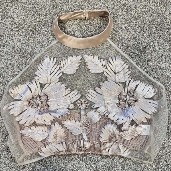 Floral Satin Ribbon & Mesh Embroidered 3D Sheer Sleeveless Tank Top Crop Top - Image 14