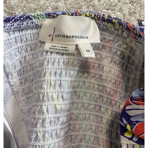 Anthropologie Strapless Smocked Ruffle Blouse Multicolor Cotton Abstract XS - Image 6