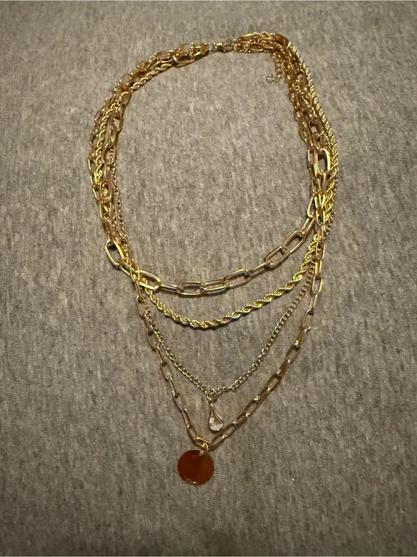 Layered 4- Strand Gold-Tone Multi-Chain Necklace with Amber Pendant - Image 2