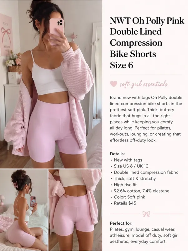 NWT Oh Polly Pink Double Lined Compression Bike Shorts Size 6 Athleisure - Image 2