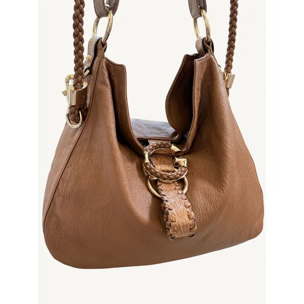 Gucci G Wave Large Hobo Bag Brown Pebbled Leather Rare Crocodile Trim 232931 - Image 6