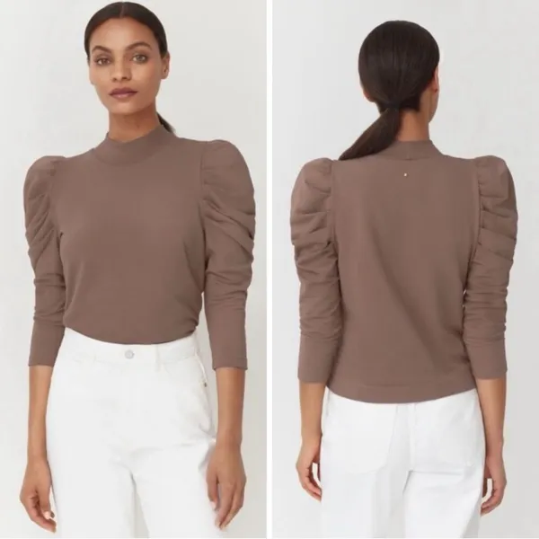 Cuyana French Terry Puff Sleeve Sweatshirt Top‎ Mushroom Tan Pima Cotton - Image 2