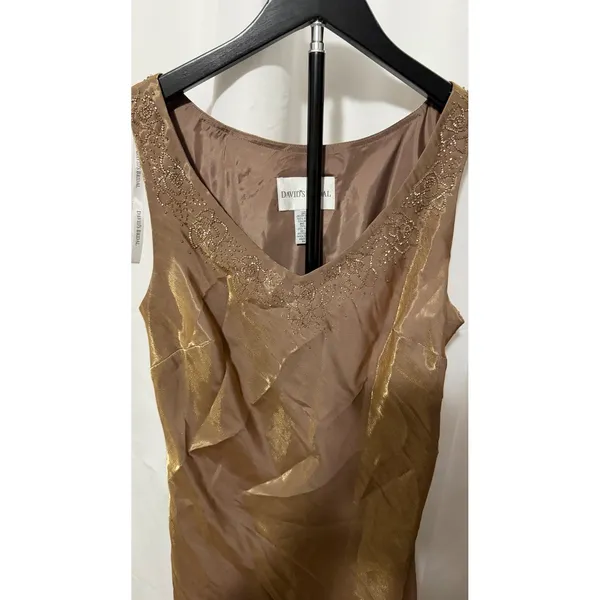 Davids Bridal Bronze Gold Metallic Beaded V-Neck Sleeveless Maxi Evening Gown - Image 3