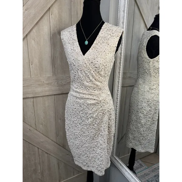 Connected Apparel Vintage Sequined White Lace Faux-Wrap Cocktail Dress - Small - Image 2