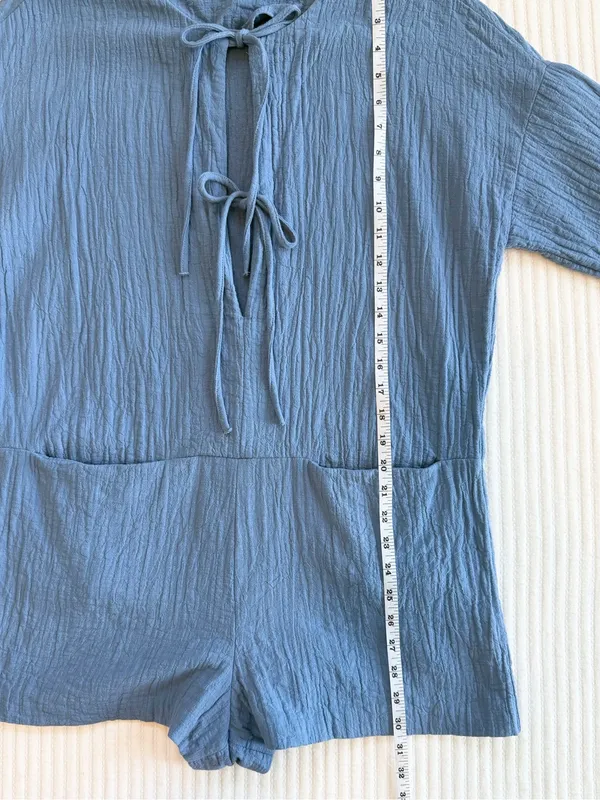 Zara Tie Front Cotton Gauze Coastal Blue Textured Romper - Image 10