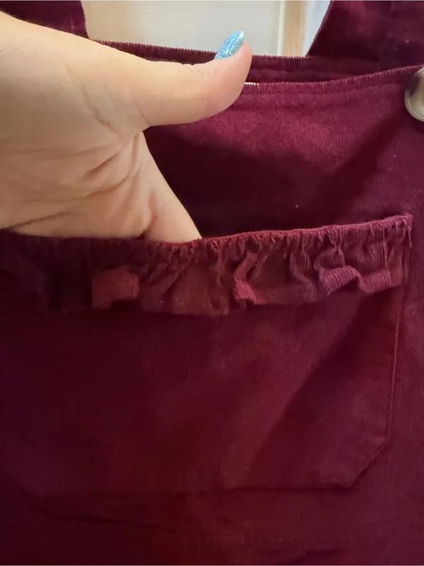 Burgundy Corduroy Pinafore Dress with Ruffle Pocket - Image 4