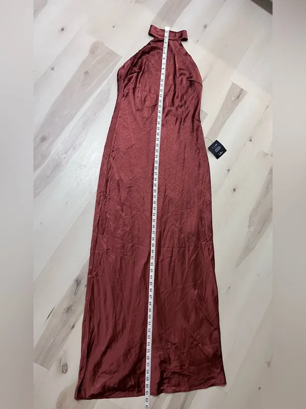 Lulus NWT Women Large Rusty Brown Halter Satin Maxi Dress - Image 11