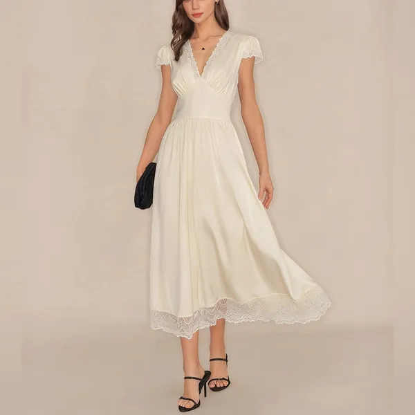 Rihoas Apricot V Neck Lace Maxi Dress - Image 9