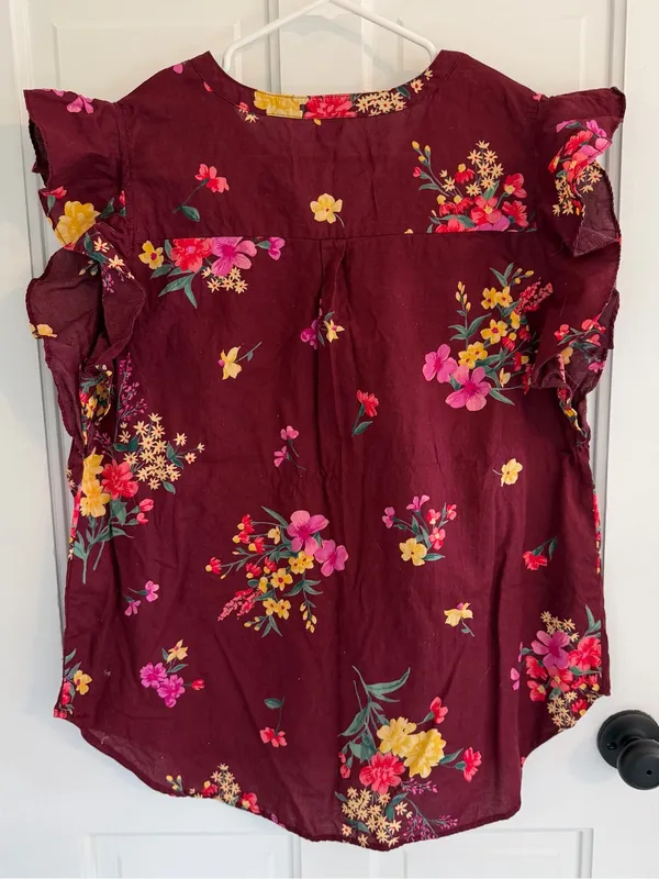 Old‎ Navy XL Burgundy Floral Flutter Sleeve 100% Cotton Boho Blouse Top - Image 6