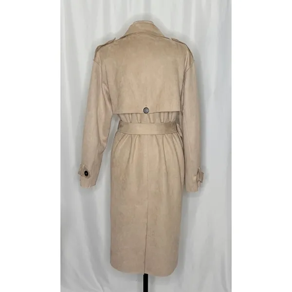ZARA Faux Suede Trench Coat Belted Jacket Solid Tan Brown Pockets Outdoors Large - Image 8