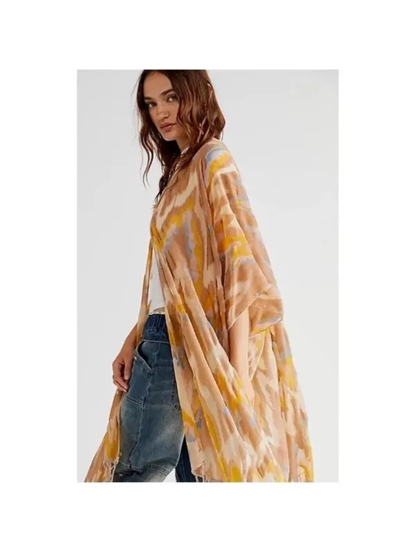 Free People Dripping Velvet Burnout Fringe Kimono Duster Yellow Women’s ONE SIZE - Image 10