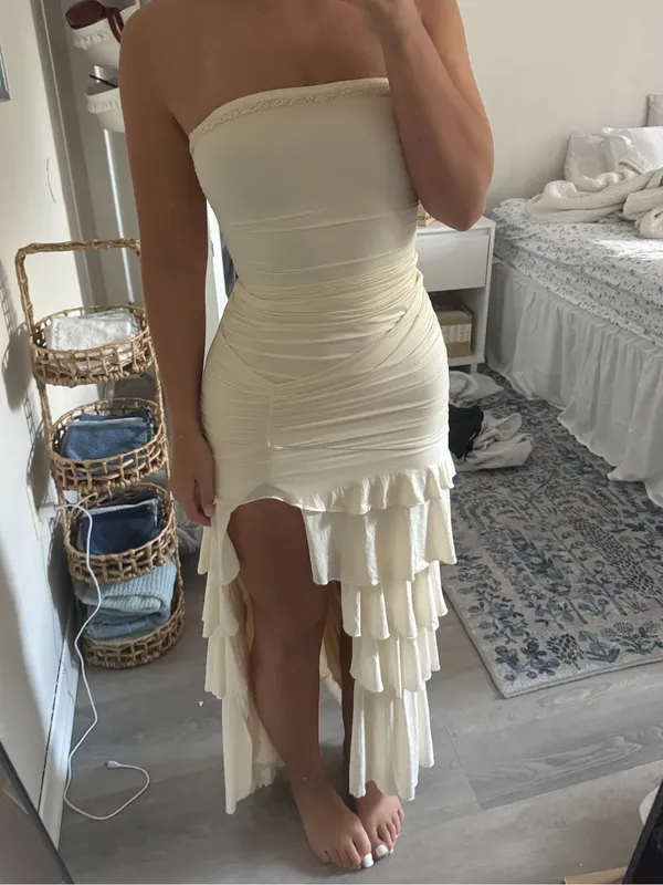 Oh Polly Ivory Strapless Bandeau Ruched Ruffle-Trim Maxi Dress - Image 3